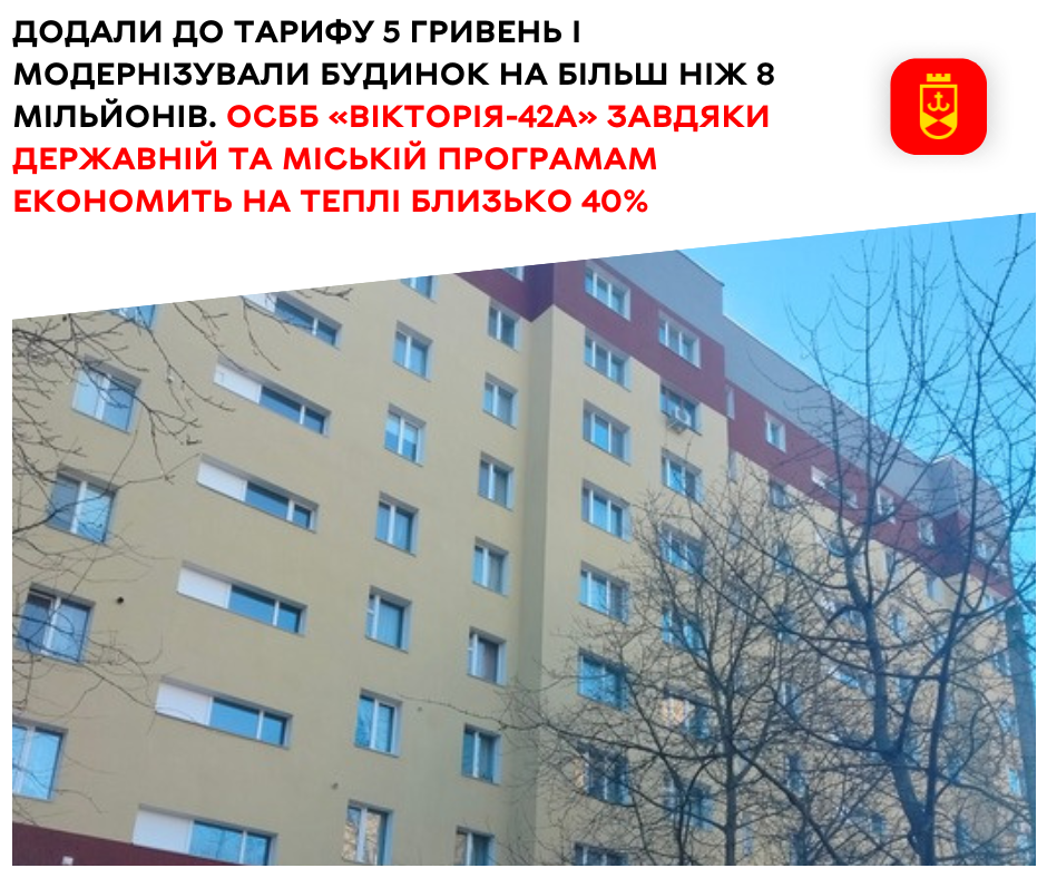 Додали до тарифу 5 гривень і модернізували будинок на більш ніж 8 мільйонів. ОСББ «Вікторія-42А» завдяки державній та міській програмам економить на теплі близько 40%